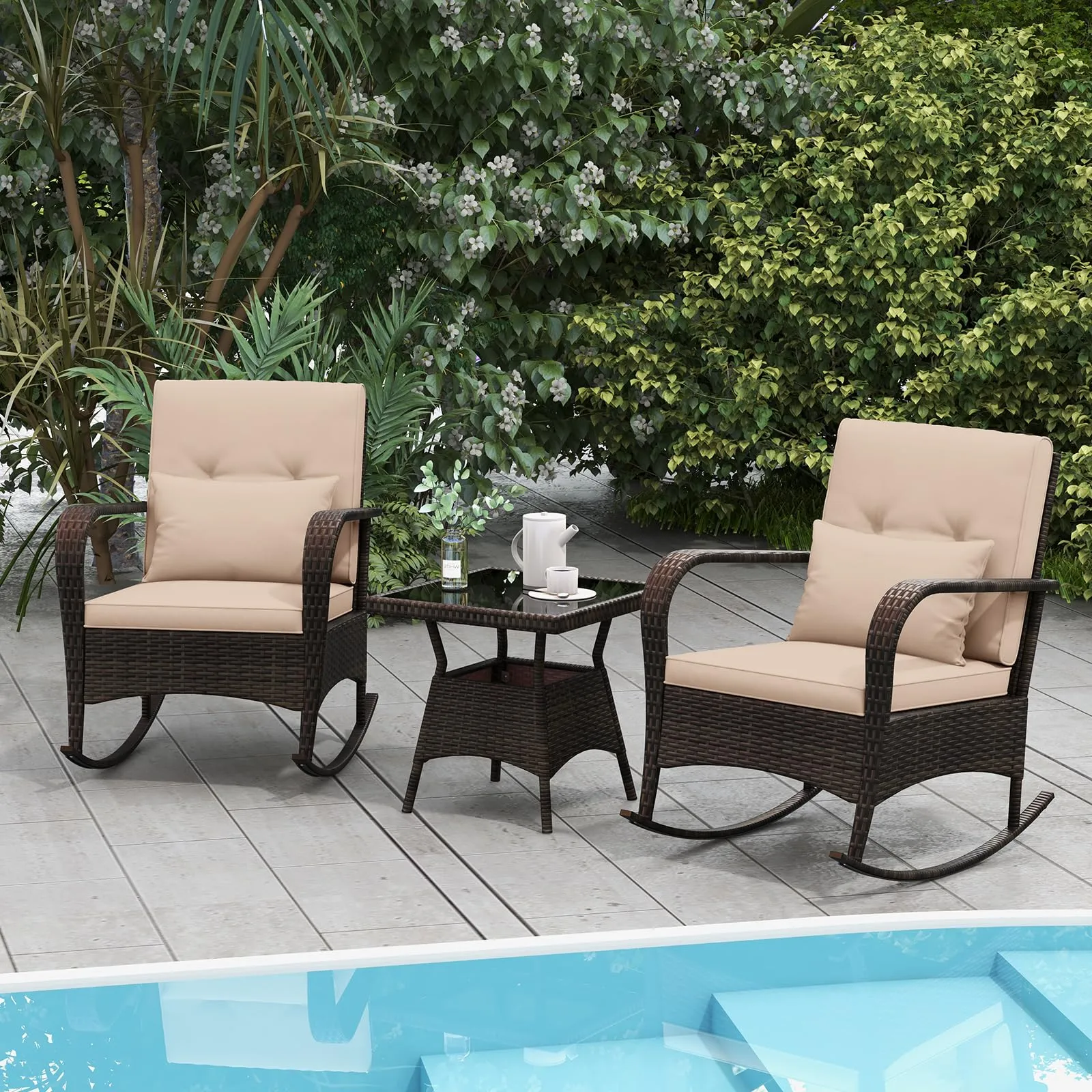 Tangkula 3 Pieces Rocking Bistro Set, Patiojoy Outdoor PE Rattan Rocker Chairs with Removable Cushions & Tempered Glass Top Coffee Table