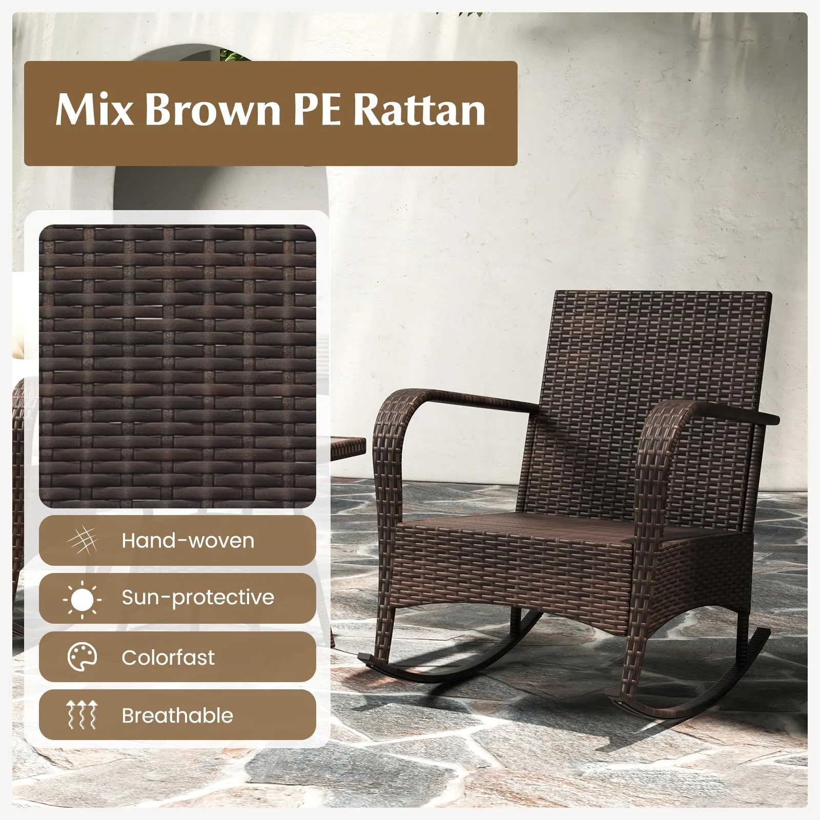 Tangkula 3 Pieces Rocking Bistro Set, Patiojoy Outdoor PE Rattan Rocker Chairs with Removable Cushions & Tempered Glass Top Coffee Table