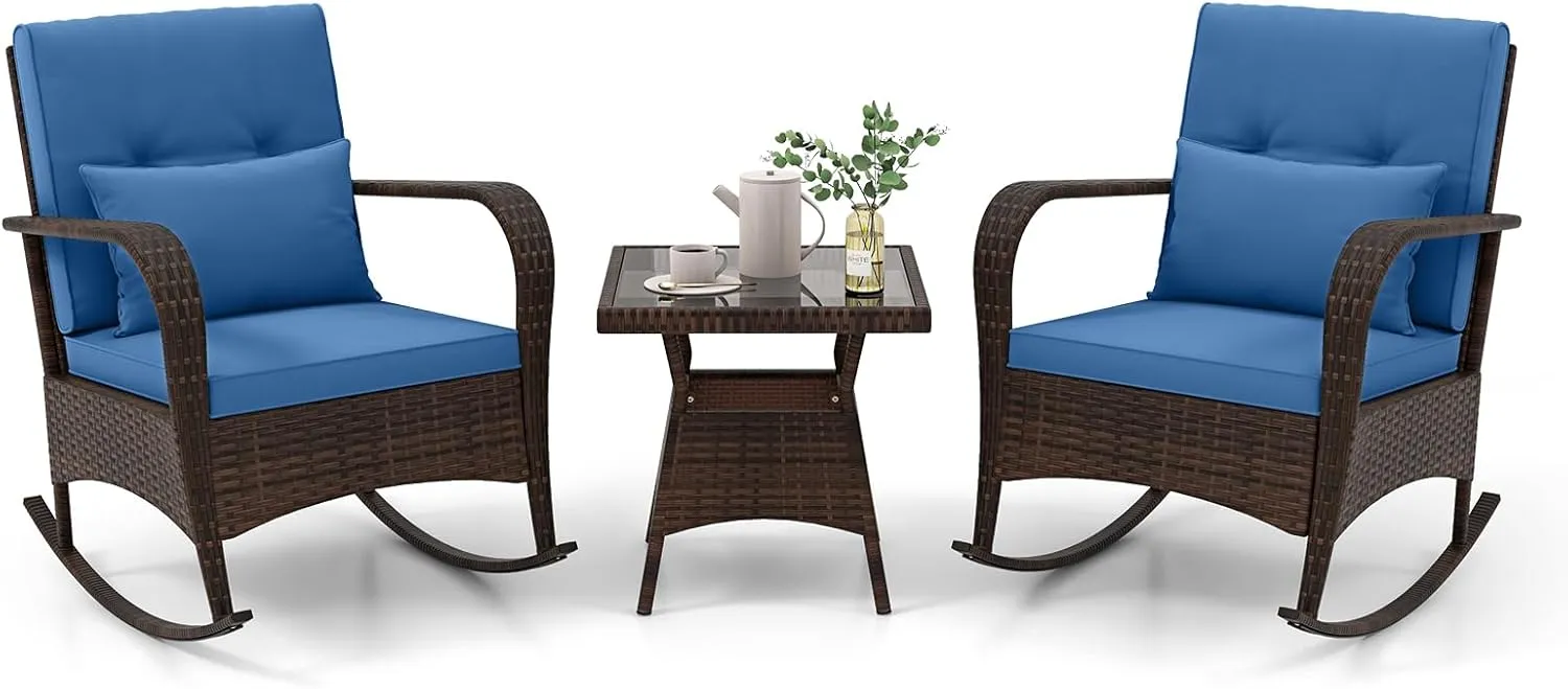 Tangkula 3 Pieces Rocking Bistro Set, Patiojoy Outdoor PE Rattan Rocker Chairs with Removable Cushions & Tempered Glass Top Coffee Table