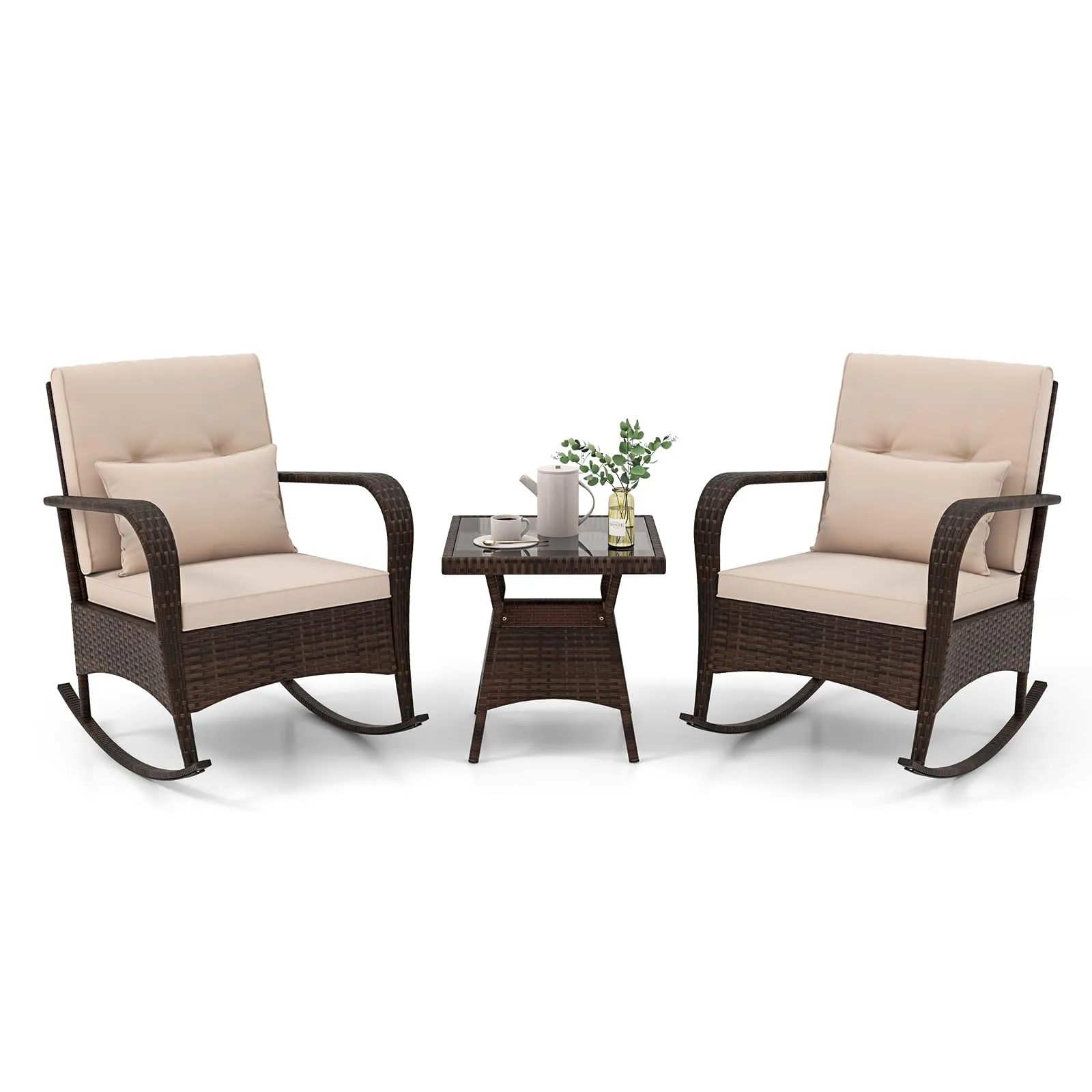 Tangkula 3 Pieces Rocking Bistro Set, Patiojoy Outdoor PE Rattan Rocker Chairs with Removable Cushions & Tempered Glass Top Coffee Table