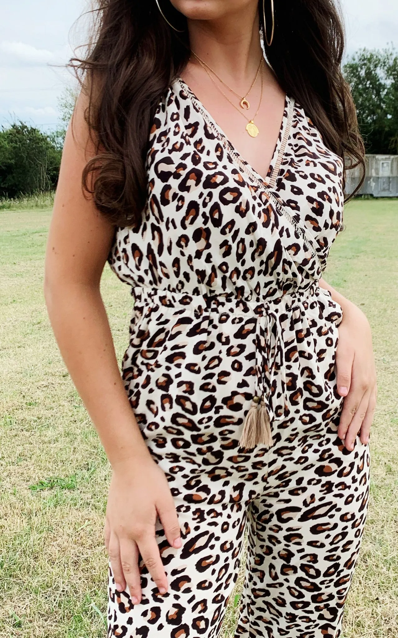 V Neck Wrap Straight Leg Jumpsuit In Brown Animal Print